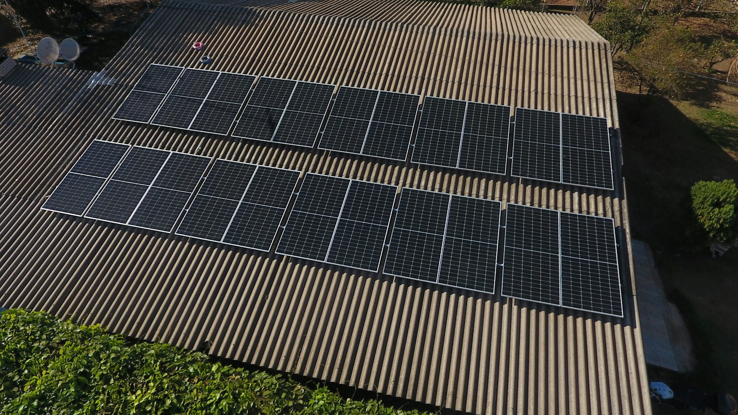 Solar panels on a sunny roof with green foliage.